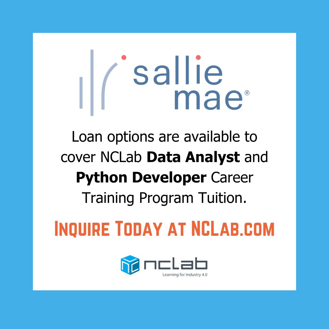 NCLabEdTech's tweet image. Sallie Mae loan options are now available to help cover the tuition for NCLab’s Data Analyst and Python Developer programs. Invest in your future and gain the skills you need to land a high-paying career in tech, with flexible financing🚀Learn more today nclab.com