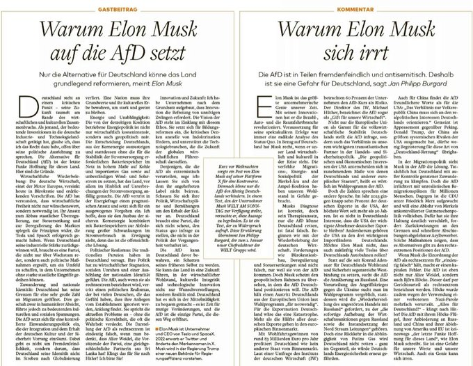 1/Hier Musk's opinie in Die Welt am Sonntag,met pleidooi voor 1.economisch herstel via deregulering;2.kernenergie;3.onderwijshervorming tbv kritisch denken ipv indoctrinatie;4.gecontroleerde migratie tbv behoud nationale identiteit;5.AfD,die niet rechtsextreem maar realistisch is