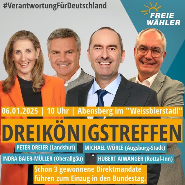 HubertAiwanger's tweet photo. #Richtungswechsel mit #FREIEWÄHLER im #Bundestag statt SchwarzGrün/SchwarzRot/WeiterSo. Kommt und hört unsere Vorschläge für eine bürgernahe Bundespolitik an! #Dreikönigstreffen https://t.co/z1gsbe5P2T