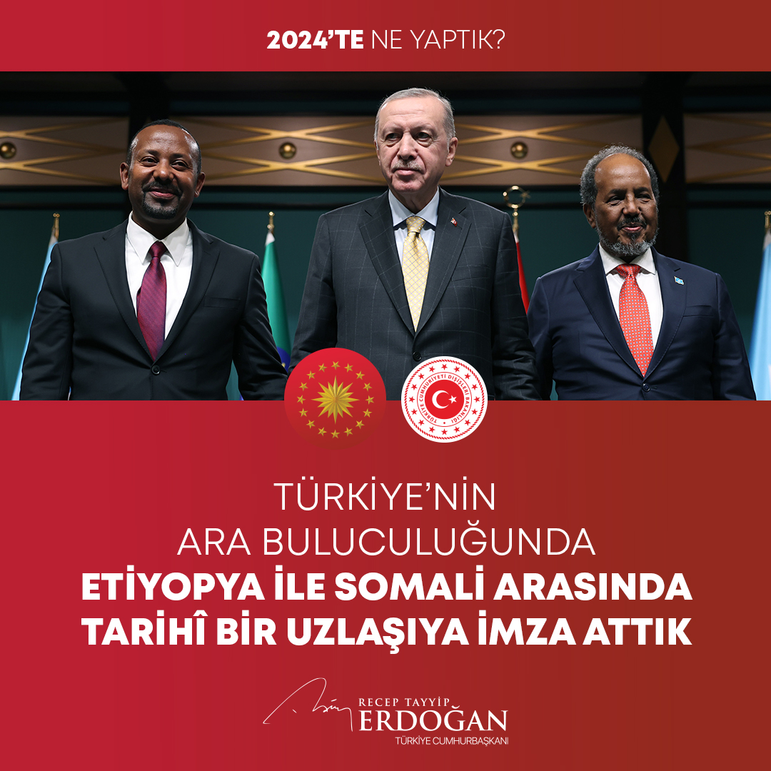 RTErdogan's tweet photo. Etiyopya ile Somali arasında barış ve iş birliğine dayalı yeni bir başlangıcın ilk adımına beraberce imza attık. Afrikalı kardeşlerimizin refah, huzur ve istikrarına katkı sağlamayı sürdüreceğiz. #2024teNeYaptık https://t.co/xaAPLiFKFG