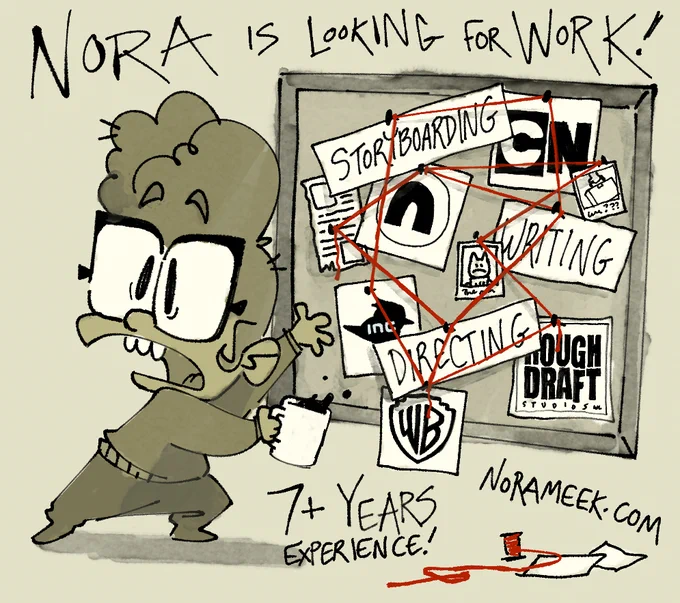 HEY!!!! If you've got a killer animation project that needs boarding, writing, directing, or even animating, I'm available now!

Union work preferred - hit me up at norameek (at) gmail to see my NDA work too (🔗 in the comments)! And thanks for sharing :) 