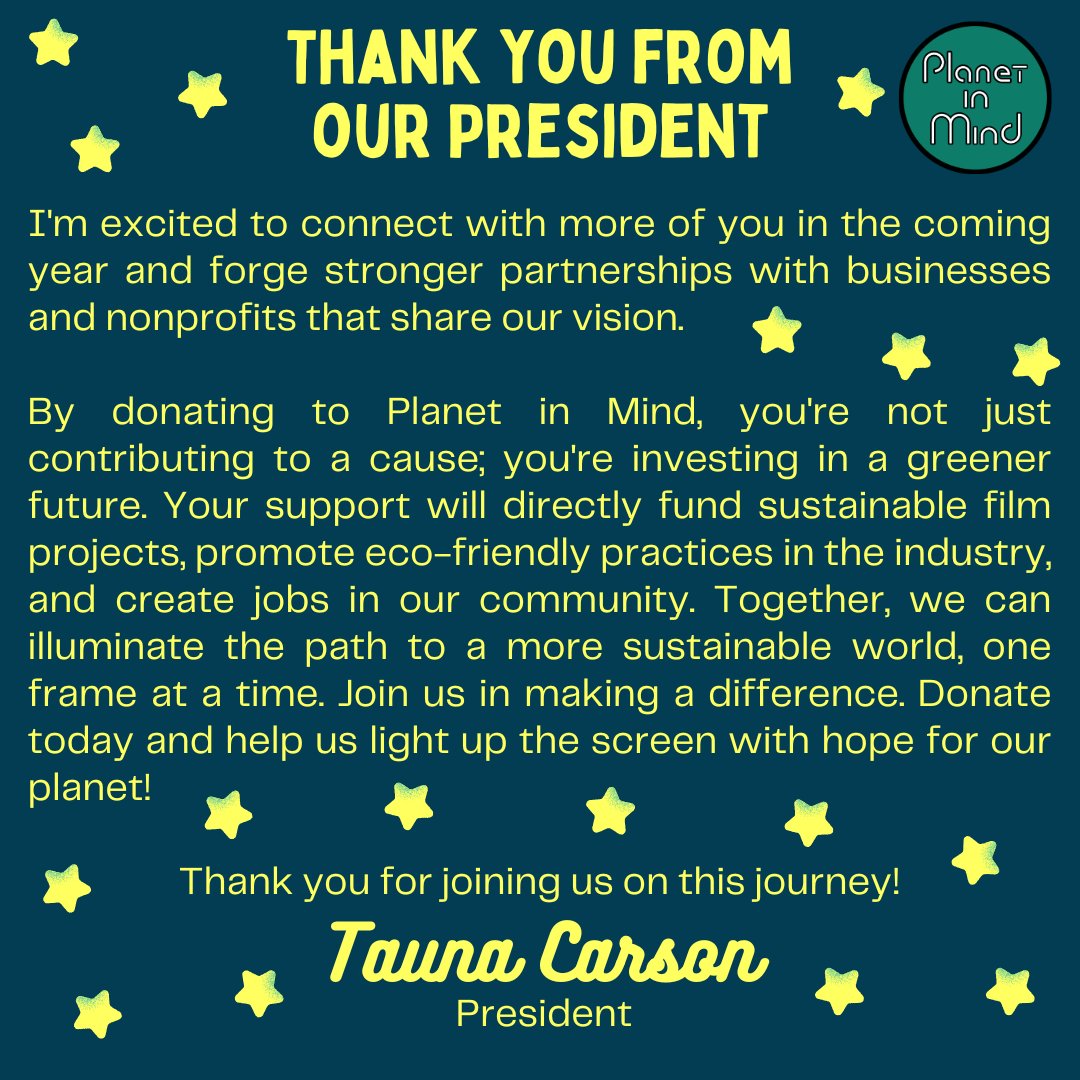 planet_in_mind's tweet photo. THANK YOU for a great 2024! A Message From Tauna Carson, President of Planet in Mind! 🌱#planetinmind #donate #newyear #sustainabilityinhollywood #hollywood #sustainability #film #entertainment #onset #setlife #environment #presidentmessage #greenfuture https://t.co/X3ekeR75UO