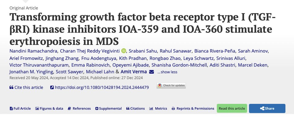 Excited to share our paper on the preclinical efficacy of two novel ALK5 inhibitors, IOA-359 and IOA-360, in stimulating erythroid differentiation in MDS and AML. Grateful to <a href="/Amitvermamds/">Amit Verma</a> and @ Nandini for their support and opportunity! <a href="/iOnctura/">iOnctura</a>.