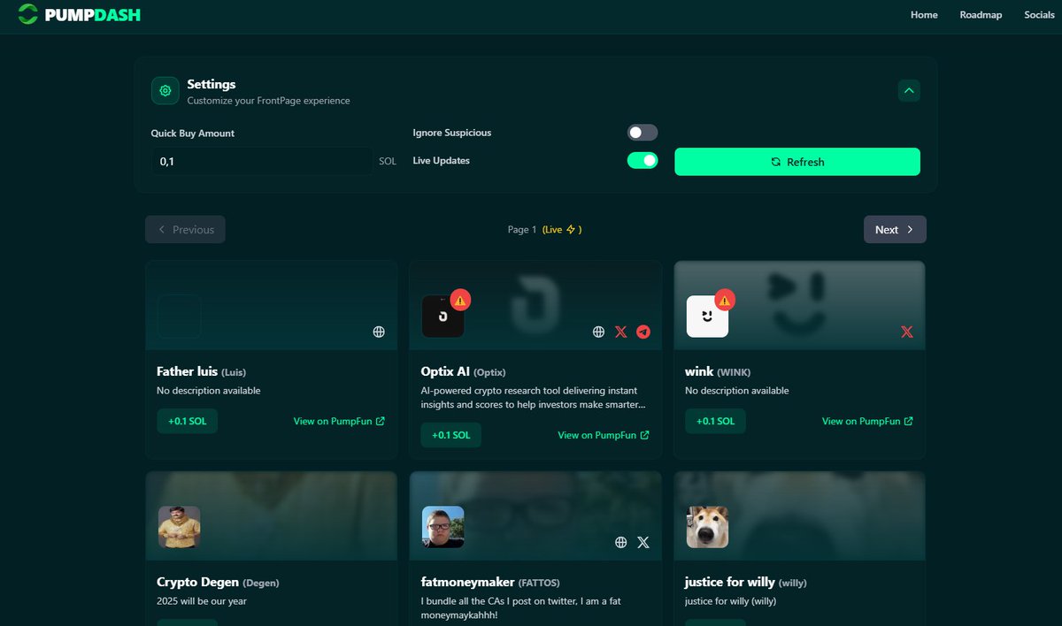 PumpDashdotFun's tweet image. Discover our front page where new launched tokens appear and have our AI analyzing if they are suspicious or not based image, dev and much more