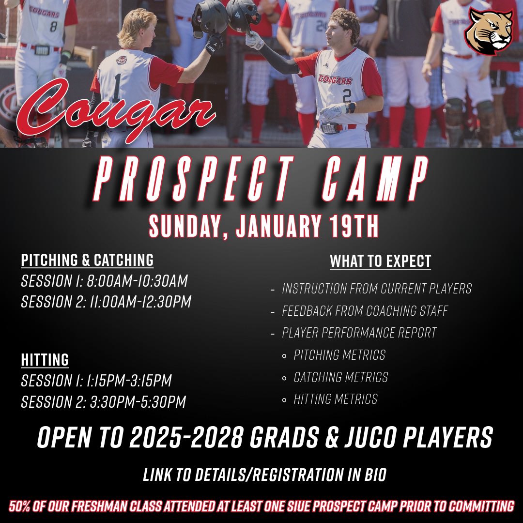 🚨 Recruits 🚨

A reminder that our first Prospect Camp of 2025 is open for registration!

💥 50% of our Freshman Class attended at least one SIUE Prospect Camp before committing! 💥

For more information/registration, click the link in our bio.

#TogetherWeWill || #RollCougs