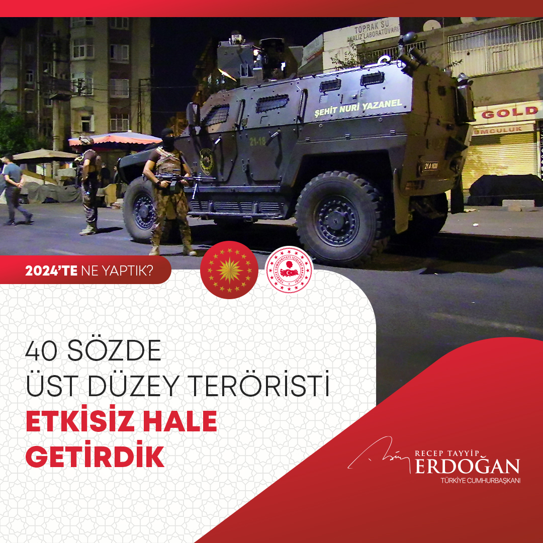 7’si kırmızı, 4’ü turuncu, 2’si sarı, 27’si gri kategoride olmak üzere toplam 40 sözde üst düzey teröristi etkisiz hale getirdik. #2024teNeYaptık