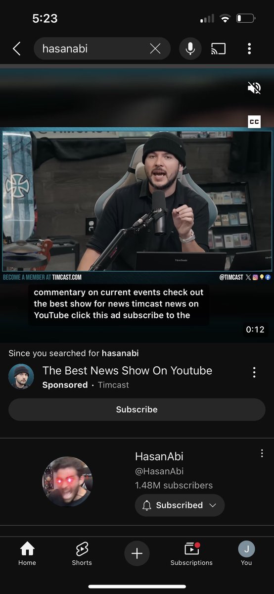 deel3y's tweet photo. @hasanthehun Just searched “hasanabi” on youtube for coverage and got smacked with a tim pool ad lmao https://t.co/YKm77AjnrN