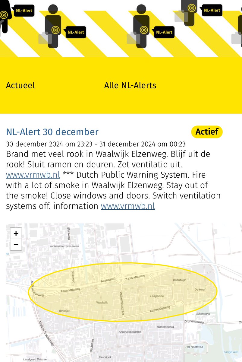 NL-Alert verstuurd vanwege brand Waalwijk