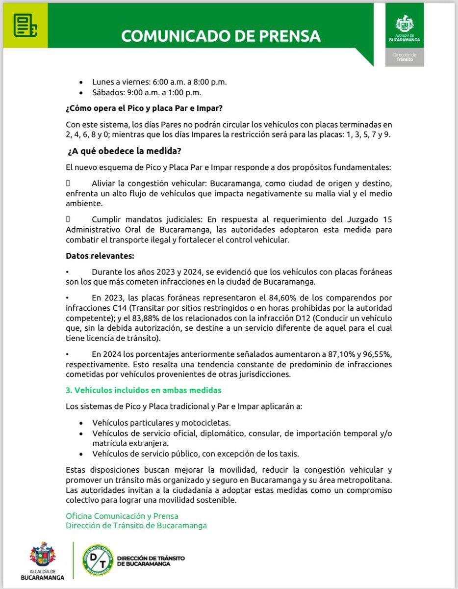 📌#ComunicadoDTB 🗞️ 

📰Pico y Placa 2025: conozca las nuevas disposiciones para la movilidad en Bucaramanga