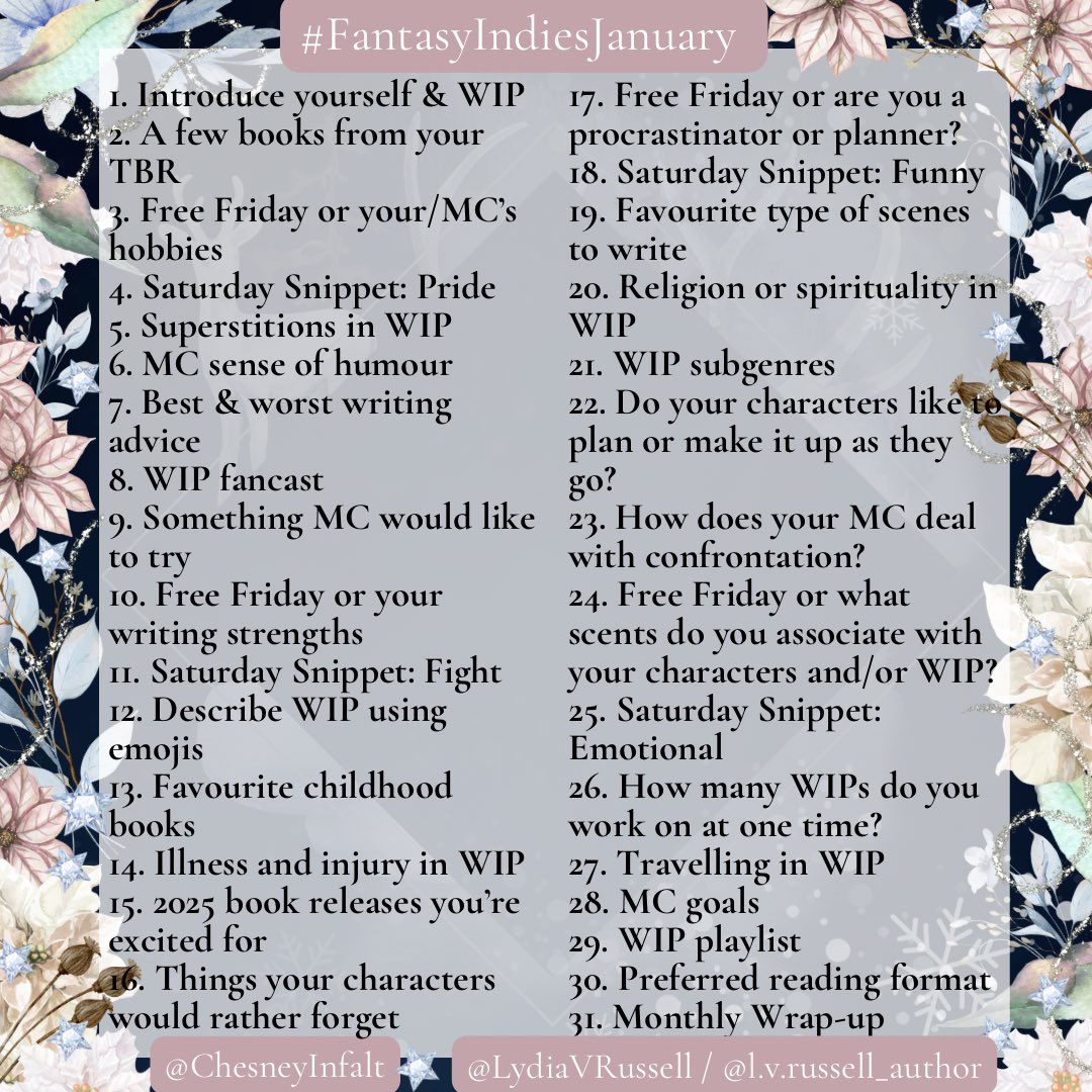 Fantasy Indies (@fantasyindies) on Twitter photo โ๏ธ #FantasyIndiesJanuary โ๏ธ
All genres welcome! For snippets, you can use the word of the day or post whatever. You can use the prompts for WIPs or published books.
Feel free to ask the hosts questions!
Love,
Faeries at Fantasy Indies
<a href="/LydiaVRussell/">Lydia V Russell</a> <a href="/ChesneyInfalt/">Chesney Infalt</a> โ๏ธ #FantasyIndiesJanuary โ๏ธ
All genres welcome! For snippets, you can use the word of the day or post whatever. You can use the prompts for WIPs or published books.
Feel free to ask the hosts questions!
Love,
Faeries at Fantasy Indies
<a href="/LydiaVRussell/">Lydia V Russell</a> <a href="/ChesneyInfalt/">Chesney Infalt</a>