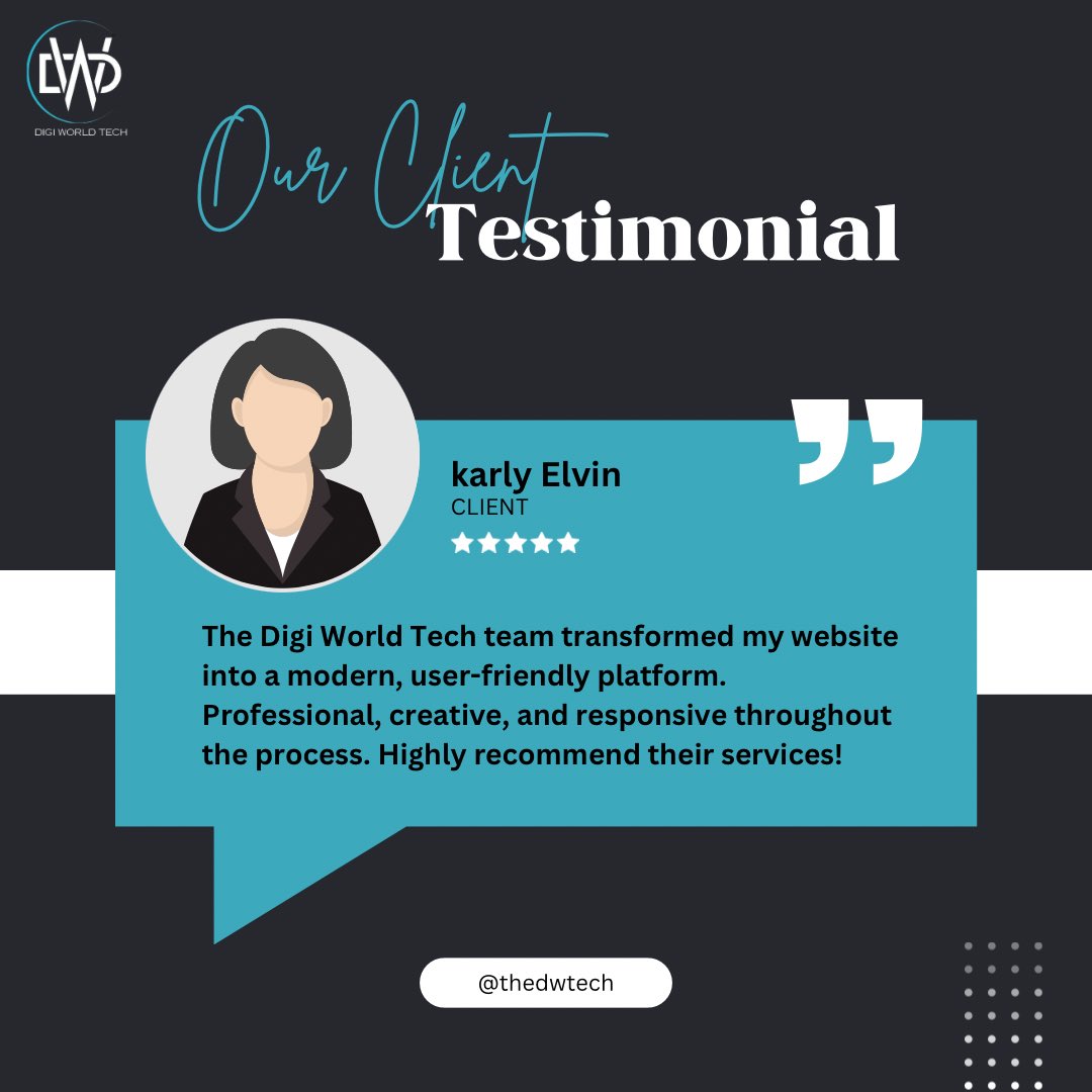 thedwtech's tweet photo. Another satisfied client! ✨ Karly Elvin shares her experience with The Digi World Tech team.

#Review #WebDesignExperts #DigitalMarketing #DigiWorldTech https://t.co/WLP5Rnrq4e