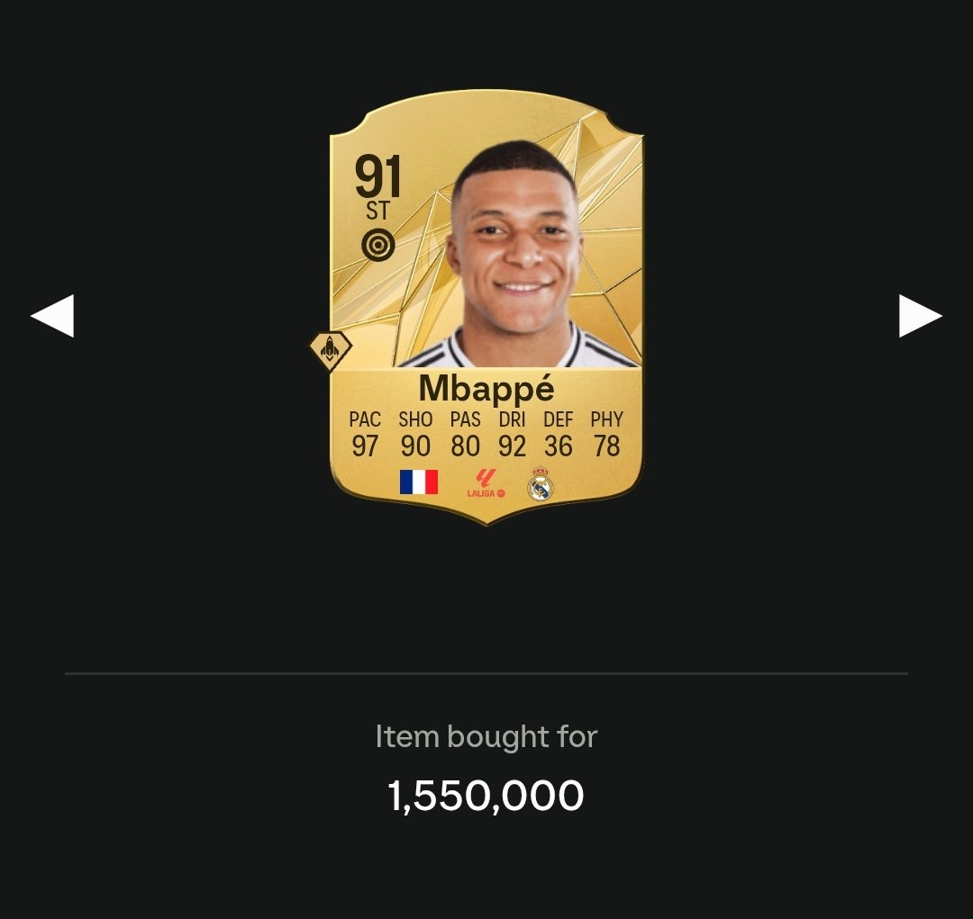 TradeMaster91's tweet photo. Mbappe is up 100k 🚀. Stick to the golden rule: Buy when everyone is selling, sell when everyone is buying. Timing is everything.

#eafc25 #Mbappe #MarketTips 
#eafctrading https://t.co/JzHXRuoTTR