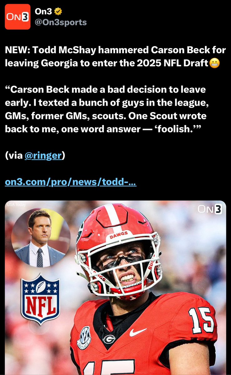HBTFD1's tweet photo. Which Georgia player slept with Todd McShay’s wife? He’s got a vendetta against Georgia players. Called Carson Beck “foolish” and said Jalen Carter had “character issues” https://t.co/gbuYSek3VJ
