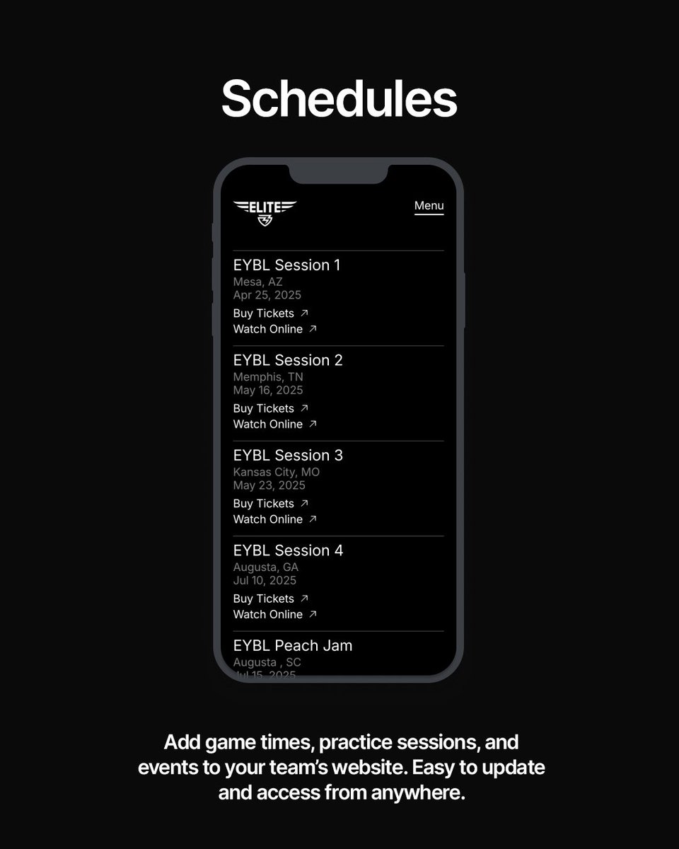 Still texting upcoming tournaments and hoping everyone remembers? 😅 With GameDay Sites, your schedule is always one click away—practices, games, and events all in one spot. Parents and players will never miss a thing.