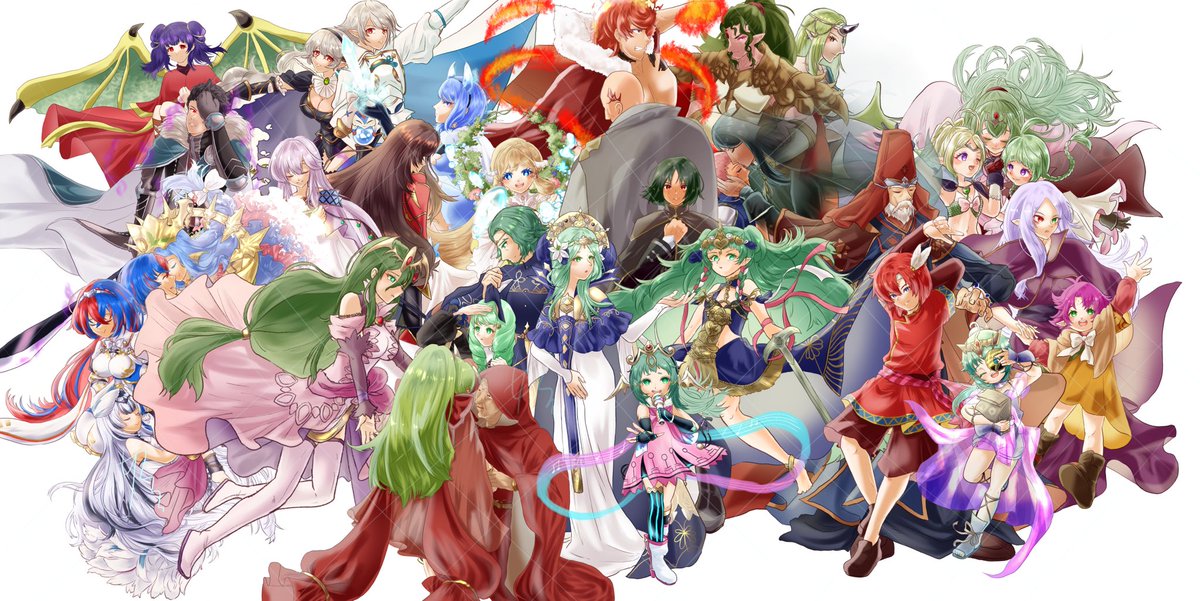 今年の周年イラストは全て等身で描いてました。
辰年ということでマムクートまたはマムクートにできるだけ関連するキャラクターにしましたが、こう見ると壮観ですね