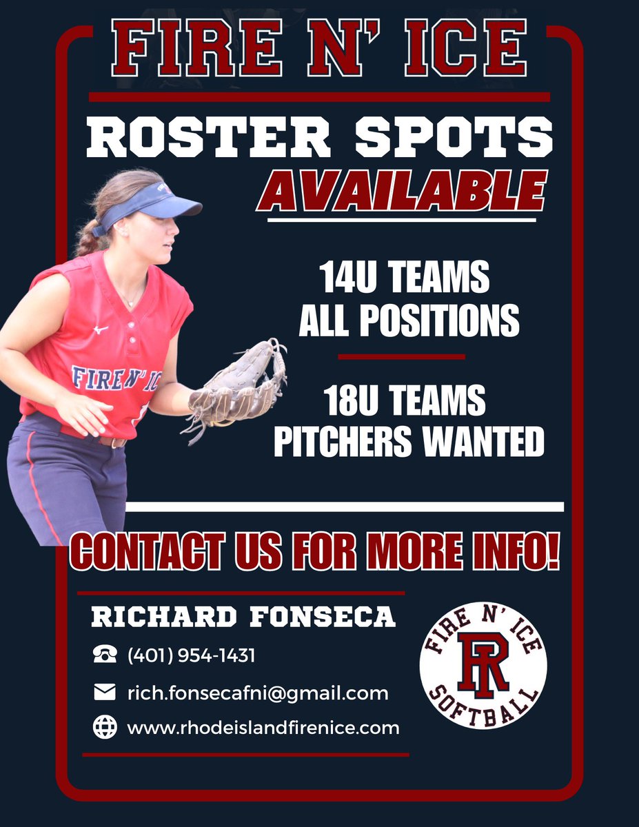 RI Fire Nβ Ice Softball (@fire_ri) on Twitter photo The New Year is right around the corner, are you looking to make a change? A new opportunity with a premier program in the region? Reach out today for more information and to schedule a tryout. Practices this weekend! Reach out to <a href="/CoachFons_Brown/">Rich Fonseca</a> for more information! The New Year is right around the corner, are you looking to make a change? A new opportunity with a premier program in the region? Reach out today for more information and to schedule a tryout. Practices this weekend! Reach out to <a href="/CoachFons_Brown/">Rich Fonseca</a> for more information!