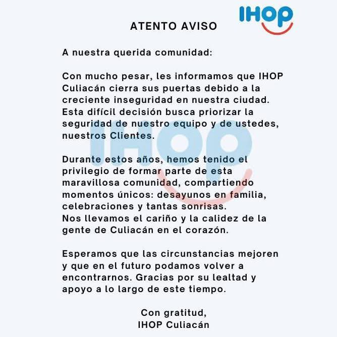 Debido a la inseguridad que se vive en Culiacán, la cadena iHop anuncia su cierre