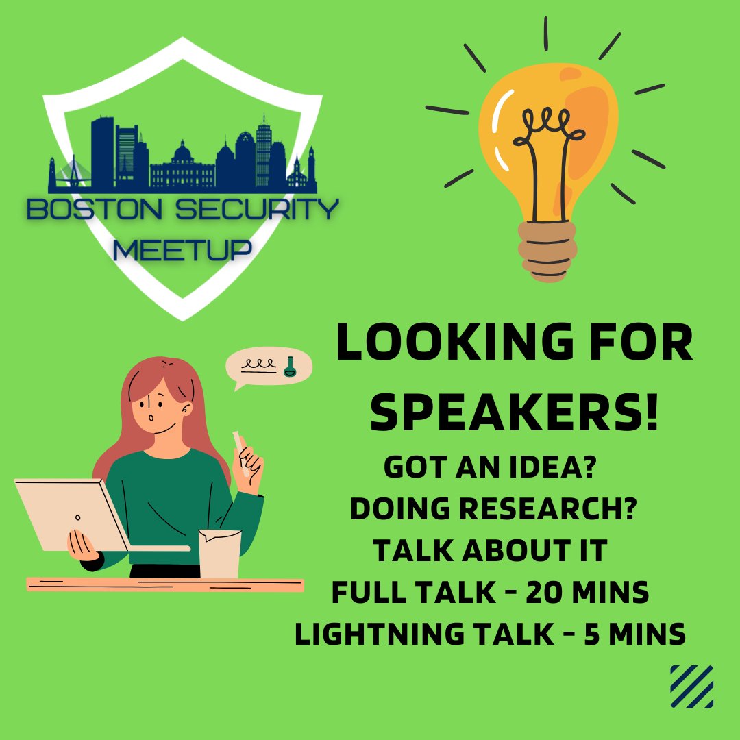 BostonSecurityMeetup (@securitymeetup) on Twitter photo Are you doing some interesting research in security? Talk about it. We welcome speakers of all experience levels and areas of security. Talks can either be a full talk for 20 mins or lightning talk for 5 mins!. Submit your talk details at forms.gle/eqFV9RQz5uefnm… 
 #security Are you doing some interesting research in security? Talk about it. We welcome speakers of all experience levels and areas of security. Talks can either be a full talk for 20 mins or lightning talk for 5 mins!. Submit your talk details at forms.gle/eqFV9RQz5uefnm… 
 #security