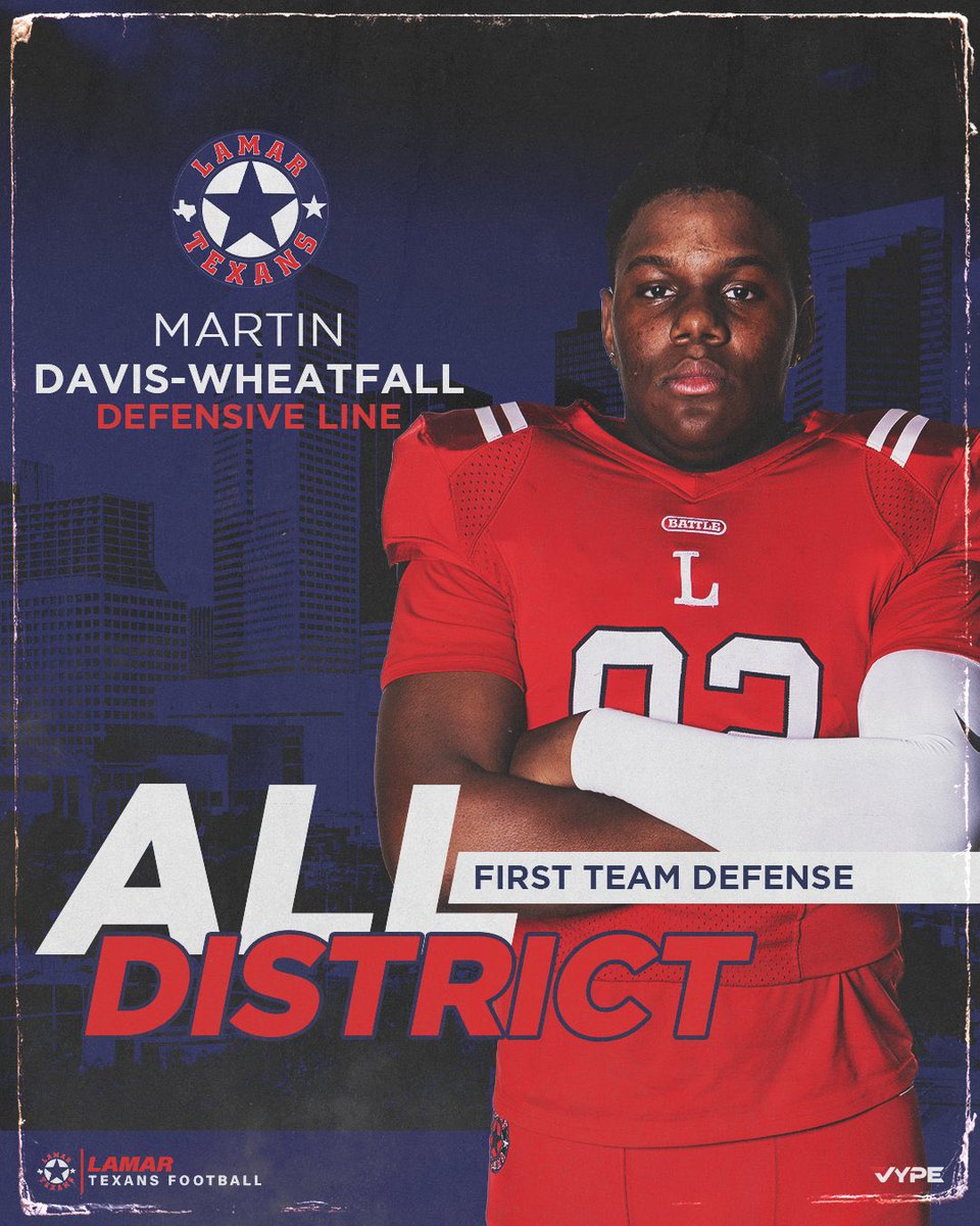 Martin Davis-Wheatfall (@martindavisw1) on Twitter photo #AGTG Blessed to be Nominated First Team All District!!
Position: DE/DT
Height: 6’4
Weight: 250lb
C/O: 2026
<a href="/coachmlindsey/">Michael Lindsey</a> |<a href="/LamarTexansFB/">LamarTexansFootball</a>|<a href="/RecruitLamar/">Recruit Lamar</a>|<a href="/HISDAthletics/">Houston ISD Athletics & UIL Academics</a>|<a href="/LamarHS/">Lamar High School</a>|<a href="/TXTopTalent/">TX TOP TALENT</a>|<a href="/PrepRedzoneTX/">Prep Redzone Texas</a>|<a href="/CSAPrepStar/">PREPSTAR</a> #AGTG Blessed to be Nominated First Team All District!!
Position: DE/DT
Height: 6’4
Weight: 250lb
C/O: 2026
<a href="/coachmlindsey/">Michael Lindsey</a> |<a href="/LamarTexansFB/">LamarTexansFootball</a>|<a href="/RecruitLamar/">Recruit Lamar</a>|<a href="/HISDAthletics/">Houston ISD Athletics & UIL Academics</a>|<a href="/LamarHS/">Lamar High School</a>|<a href="/TXTopTalent/">TX TOP TALENT</a>|<a href="/PrepRedzoneTX/">Prep Redzone Texas</a>|<a href="/CSAPrepStar/">PREPSTAR</a>
