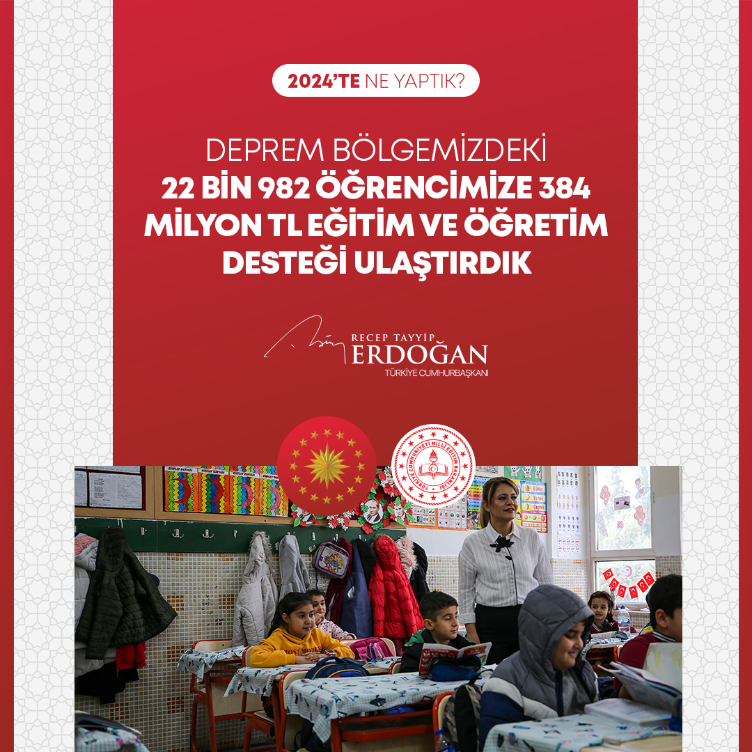 Adıyaman, Hatay, Kahramanmaraş ve Malatya ile Gaziantep İslahiye ve Nurdağı’ndaki 22 bin 982 öğrencimize 384 milyon lira eğitim ve öğretim desteği ulaştırdık. #2024teNeYaptık