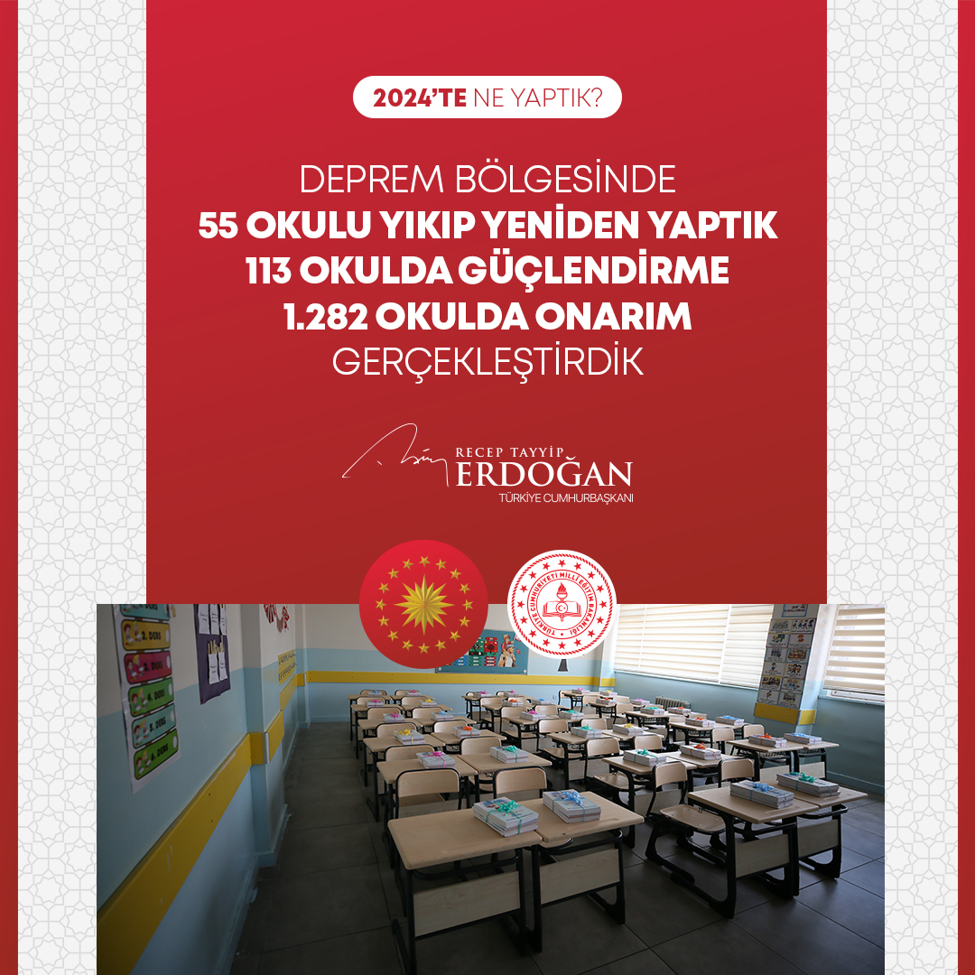Bir taraftan yeni okullar inşa ettik, diğer taraftan güçlendirme ve onarım faaliyetleriyle deprem bölgemizdeki eğitim altyapımızı yeniden ayağa kaldırdık. #2024teNeYaptık