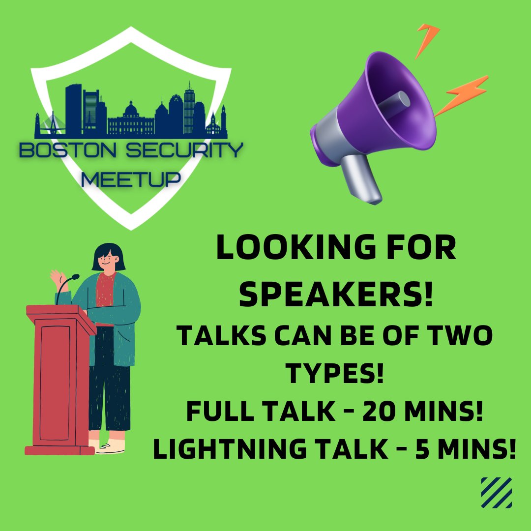 BostonSecurityMeetup (@securitymeetup) on Twitter photo Come and talk at one of the biggest meetup's in Boston! We welcome speakers of all experience levels and areas of security. Talks can either be a full talk for 20 mins or lightning talk for 5 mins!. Submit your talk details at forms.gle/eqFV9RQz5uefnm… 
 #security #cybersecurity Come and talk at one of the biggest meetup's in Boston! We welcome speakers of all experience levels and areas of security. Talks can either be a full talk for 20 mins or lightning talk for 5 mins!. Submit your talk details at forms.gle/eqFV9RQz5uefnm… 
 #security #cybersecurity