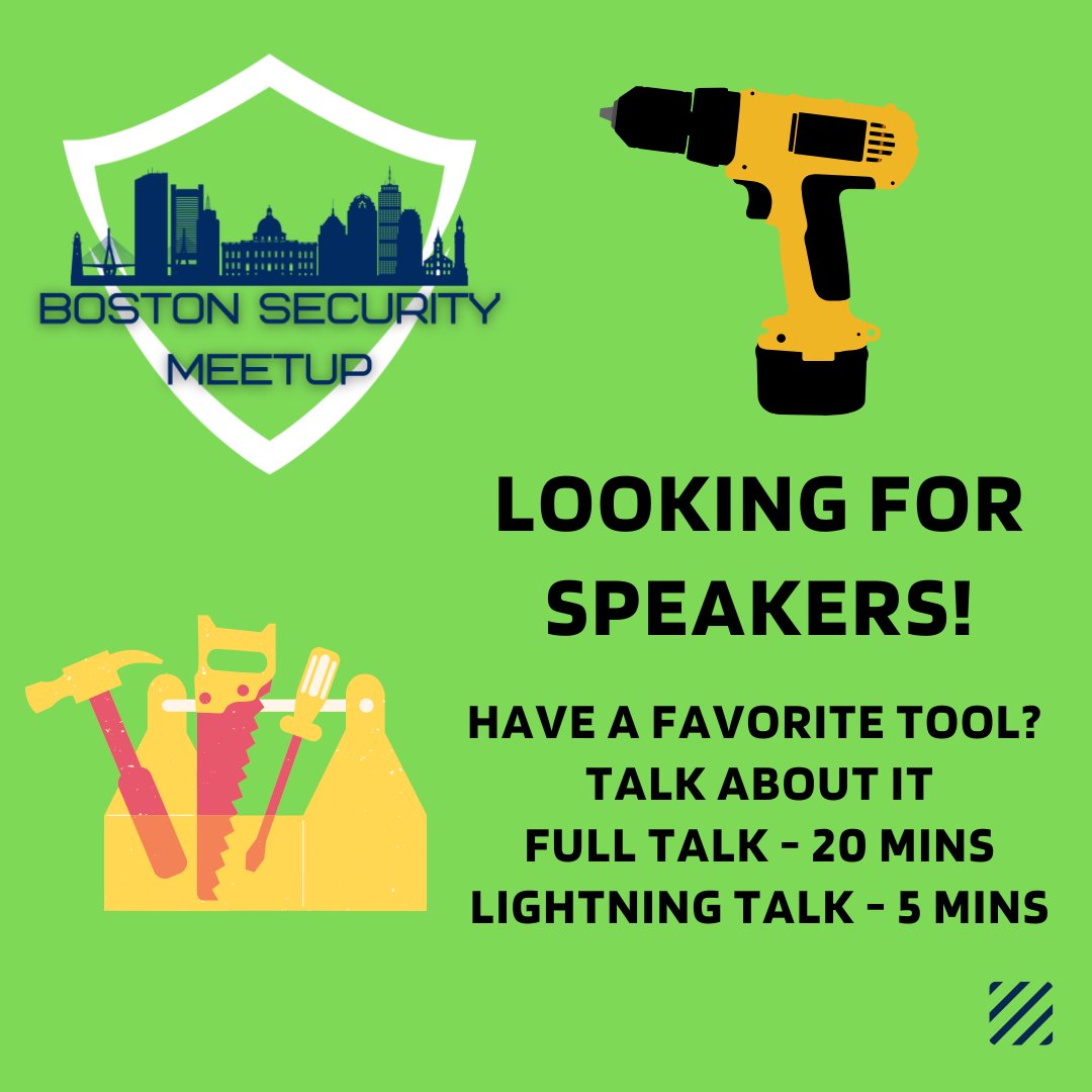 BostonSecurityMeetup (@securitymeetup) on Twitter photo Have a favorite tool you work with ? Talk about it. We welcome speakers of all experience levels and areas of security. Talks can either be a full talk for 20 mins or lightning talk for 5 mins!. Submit your talk details at forms.gle/eqFV9RQz5uefnm… 
 #security #cybersecurity Have a favorite tool you work with ? Talk about it. We welcome speakers of all experience levels and areas of security. Talks can either be a full talk for 20 mins or lightning talk for 5 mins!. Submit your talk details at forms.gle/eqFV9RQz5uefnm… 
 #security #cybersecurity