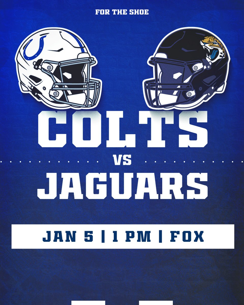 Colts's tweet photo. Our Week 18 game against the Jacksonville Jaguars at Lucas Oil Stadium will kick off at 1 p.m. on Sunday, Jan. 5. https://t.co/fghtaNM75v