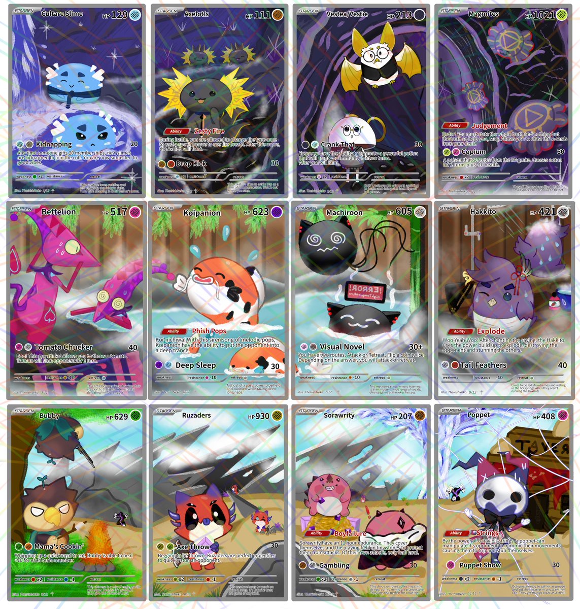 TheIrishNeko's tweet photo. With that, my major 2024 HoloStarsEN project is finished. 12 cards, 12 mascots, 12 Amazing talents!
#WorkofAlt #ArtXel #VespArt #MagniOpus
#Bettelful #JosuijiArt #FlayonsCrayons  #PIHAKKASSO 
#GBArt #CrimzonMuze #JurasickArt #Artavio https://t.co/BFyEPgiKGq