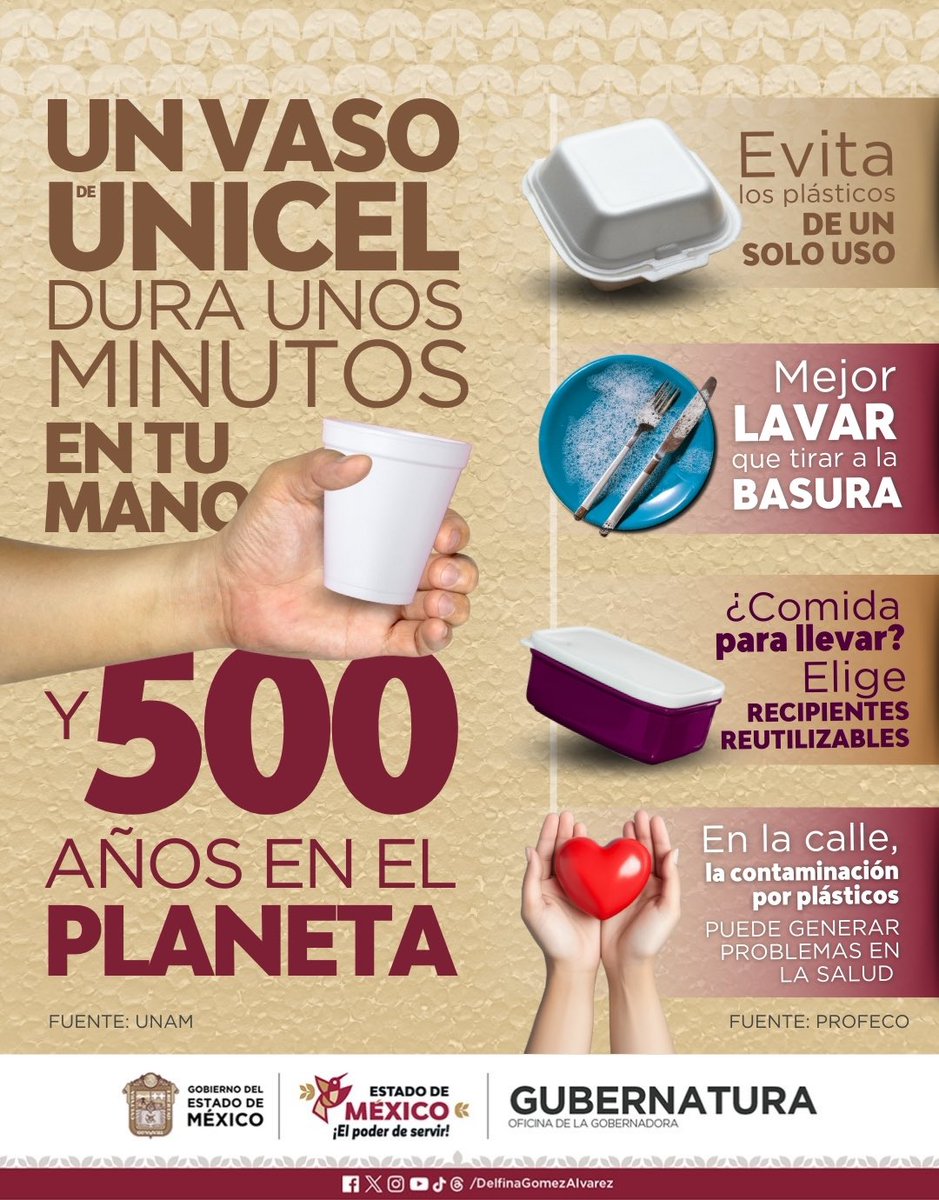 🍽️ Cada vaso, plato o charola de unicel que usamos tarda más de 500 años en descomponerse, contaminando nuestros ecosistemas y poniendo en riesgo la vida de muchas especies.
Opta por materiales reutilizables o biodegradables. Con pequeñas acciones cuidamos nuestro planeta y