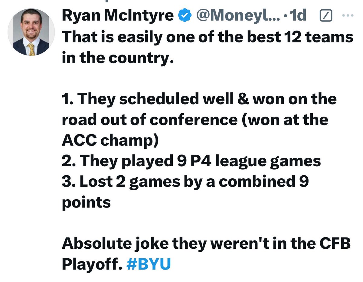 jjfuller72's tweet photo. Amazing how many other folks are agreeing with this opinion of mine from 4 weeks ago NOW

It’s a little late y’all!

BYU ABSOLUTELY should have been “in the discussion” for the last at-large CFP spot BEFORE this Alamo Bowl showing and was summarily ignored/dismissed

Unacceptable https://t.co/gEv1bFfY2J