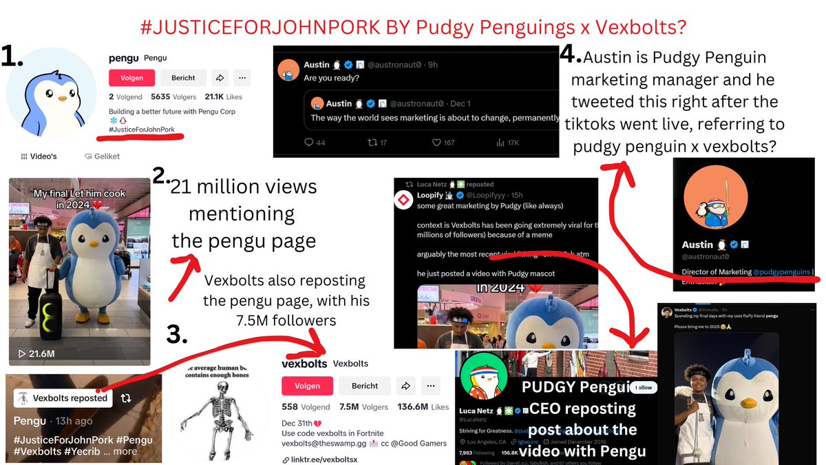RvT_sol's tweet photo. Stumbled on The TikTok page "Pengu" and it seems to be part of a professional campaign tied to Pudgy Penguins. 

Vexbolts, known for the mass unfollowing, is reposting Pengu's content and also appearing in it. 
Pudgy Penguins team members, including CEO Luca Netz and marketing manager Austin, have also hinted at their involvement through social media posts and tweets aligning with the campaign's launch. (see pic below)
One key point of the campaign seems to be #JusticeForJohnPork, as its mentioned everywhere on the TikTok. The campaign is not publicly announced yet, tiktok only got 5K followers so we are very early here.

Frontrunning this by buying the OG Justice For John Pork Coin on https://t.co/xqSlxVgITV, as this seems to be the main theme of this campaign. 

https://t.co/am94hBkSTs