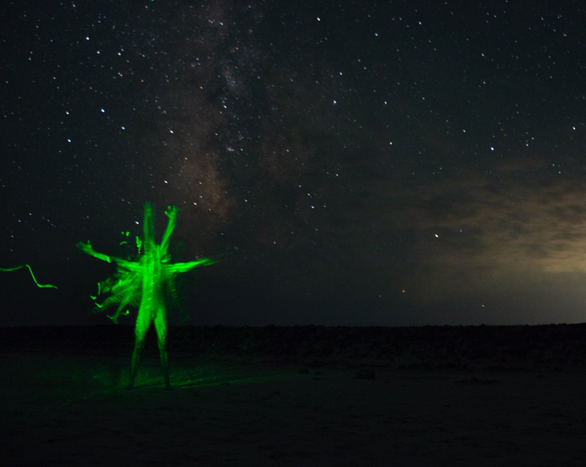 Magic, art, and technology come together in amazing ways. Here, a photography technique called painting with light. The figure is me during a 30 second interval while the camera is watching but only allowing light to touch me once I've moved my arm to the next location