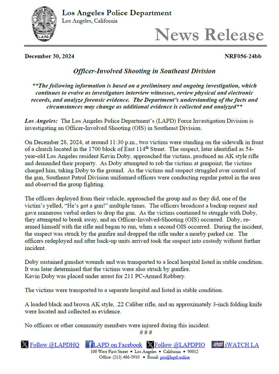 LAPDPIO's tweet image. News Release: Officer-Involved Shooting in Southeast Division