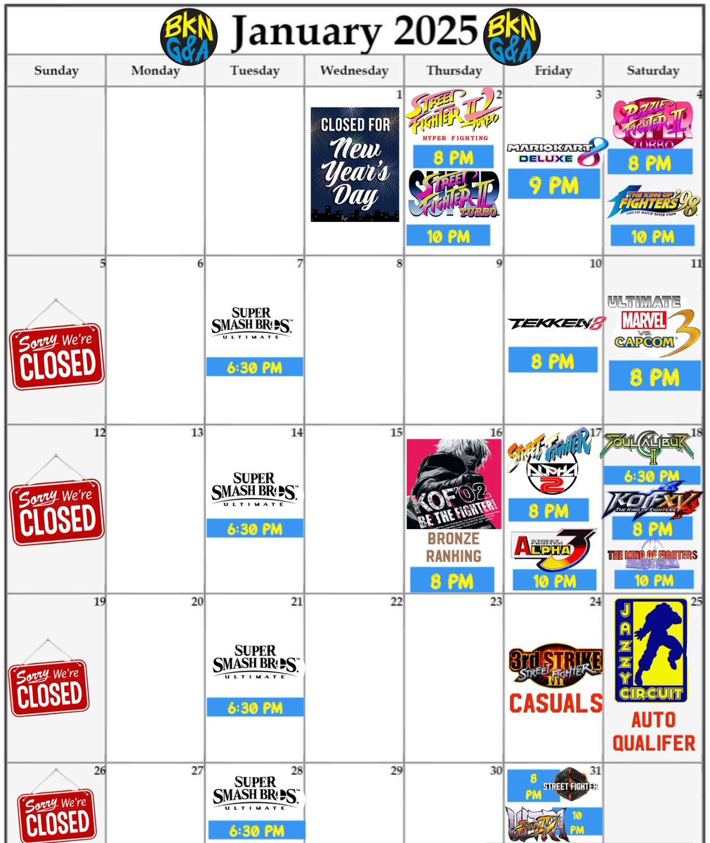 ArcadeBrooklyn's tweet photo. January 2025 Calander is up. This Thursday we got #sf2hyperfighting at 8pm and #SF2X at 10pm.

Signup: https://t.co/DPyRZW21oi

Friday we got #mariokart8deluxe at 9pm. 

Sign up: https://t.co/u658tDO1nX

Saturday we got #superpuzzlefighter2 at 8pm and #KOF98 at 10pm. 

Sign up:https://t.co/c9RluXEqs5