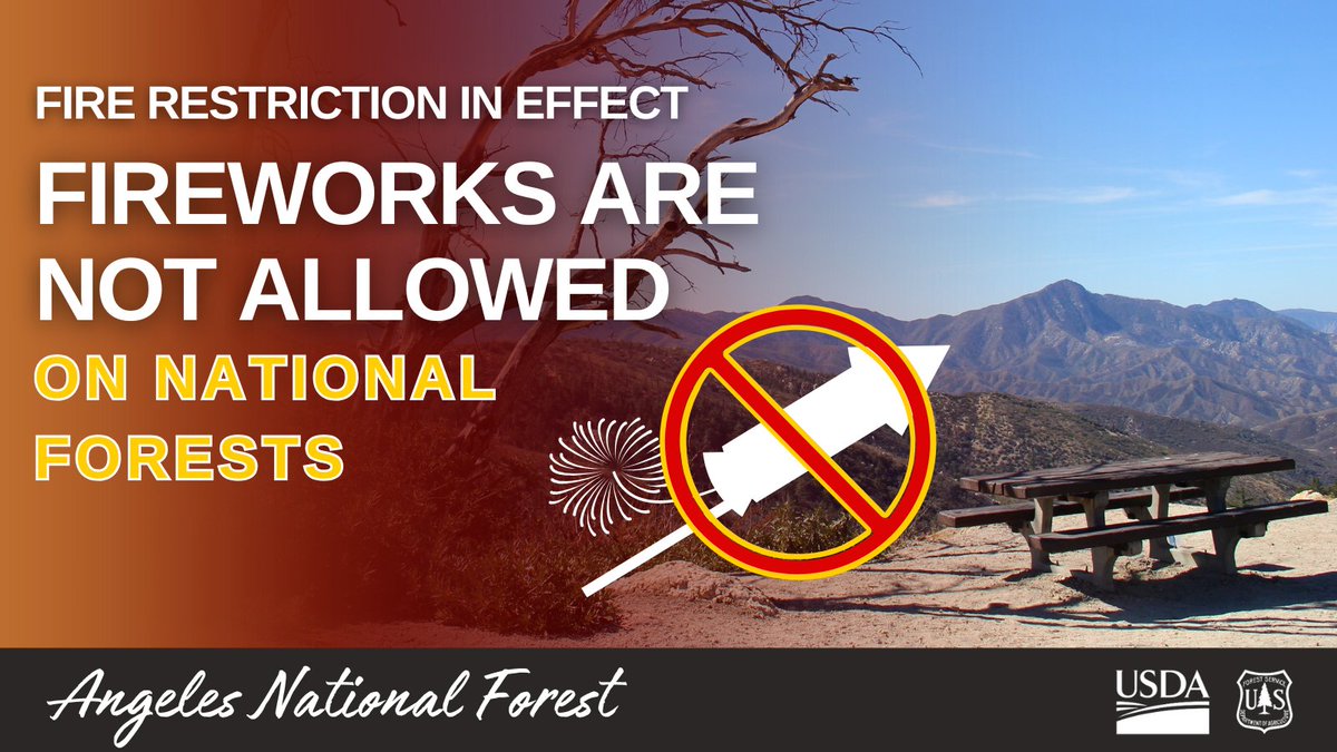 Angeles_NF's tweet photo. 🚫Fireworks Prohibited in Angeles National Forest🚫
As New Year’s Eve approaches, remember: ALL fireworks are illegal in the forest, including sparklers and other pyrotechnics.

🔥EXTREME Fire Danger: The forest is at EXTREME fire danger, meaning conditions are highly conducive to wildfires. Fireworks are a leading cause of wildfires, and with dry conditions, the risk is too high to take chances.

Let’s ring in the New Year without risking lives, wildlife, and the beauty of our forest.