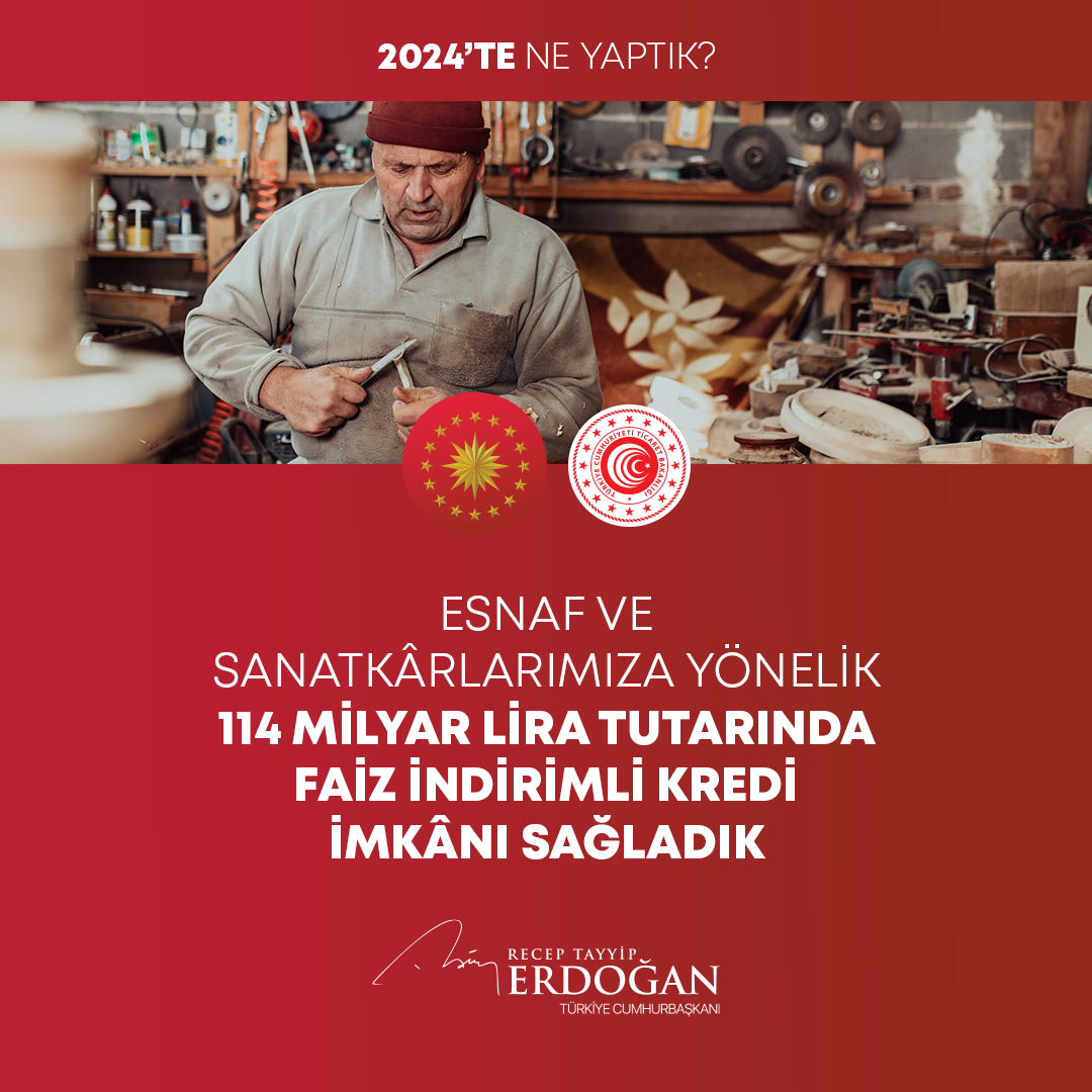 Esnaf ve sanatkârlarımıza yönelik 114 milyar lira tutarında faiz indirimli kredi imkânı sunduk. #2024teNeYaptık