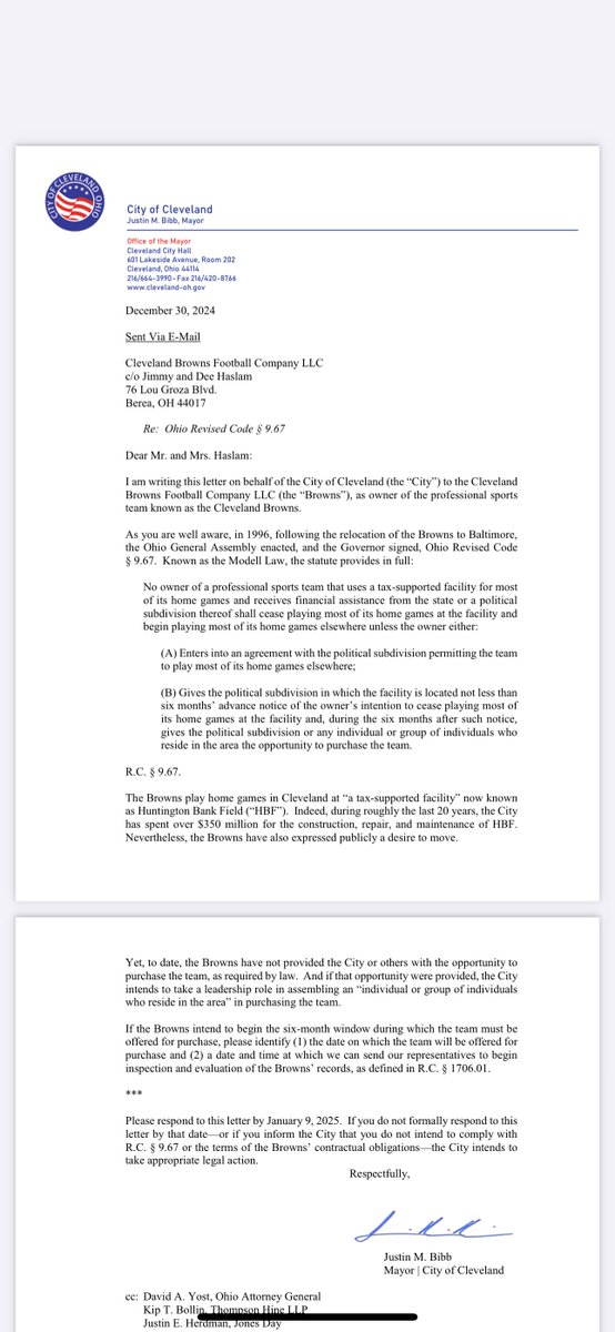StainbrookNFL's tweet photo. Here is the letter Cleveland Mayor Justin Bibb sent to Mr and Mrs. Haslam on Monday: https://t.co/4B4fhQMRHz