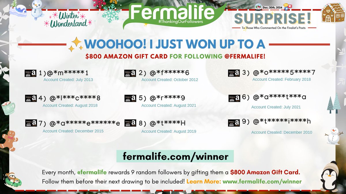 WOOOHOO! I JUST WON UP TO A $800 #AmazonGiftCard from <a href="/fermalife/">Fermalife</a> for their #ThankingOurFollowers drawing by following them. Every month they give 9 random followers a $800 Amazon Gift Card! Follow them to #win! Details: fermalife.com/winner