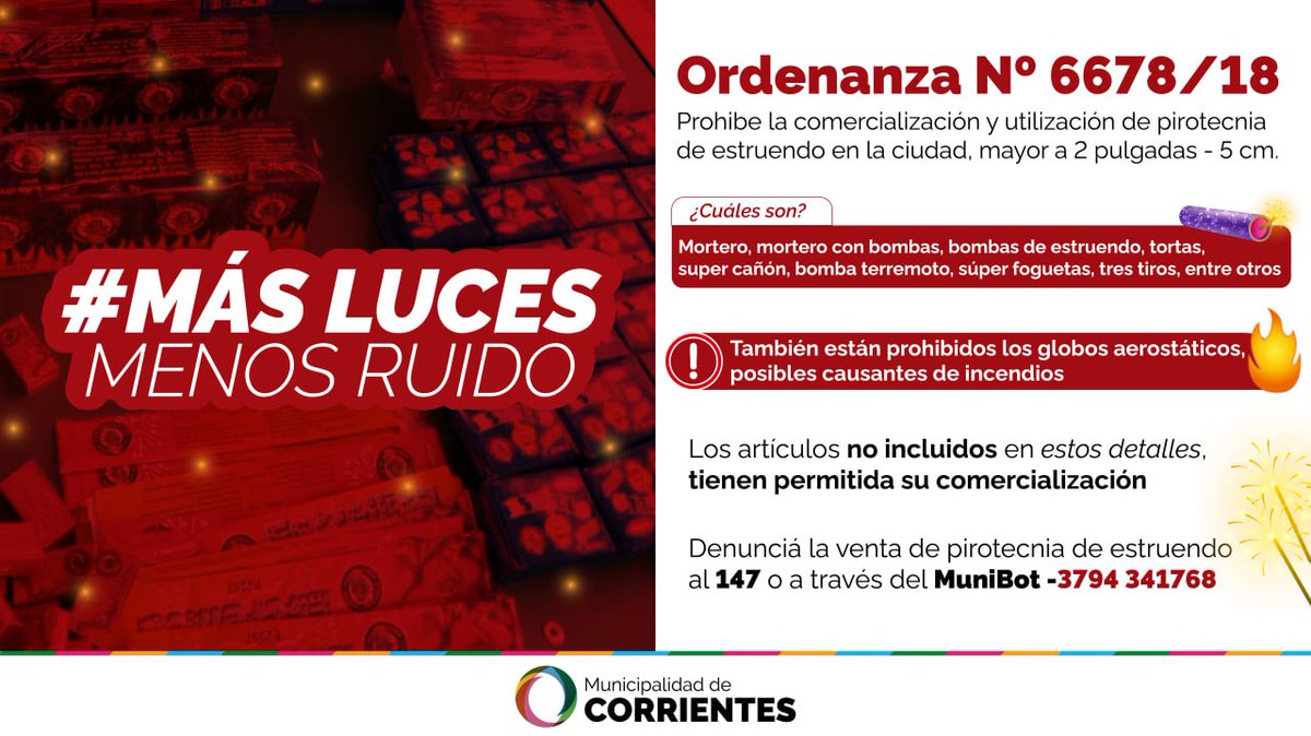 Recordamos a los vecinos que pueden denunciar la venta de pirotecnia no permitida comunicándose con la línea gratuita 147 o el #MuniBot a través de Whatsapp al 3794 341768 📲