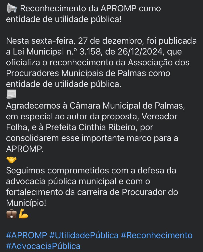 📢 Reconhecimento da APROMP como entidade de utilidade pública!

#APROMP #UtilidadePública #Reconhecimento #AdvocaciaPública <a href="/cidadepalmas/">Prefeitura de Palmas</a>
