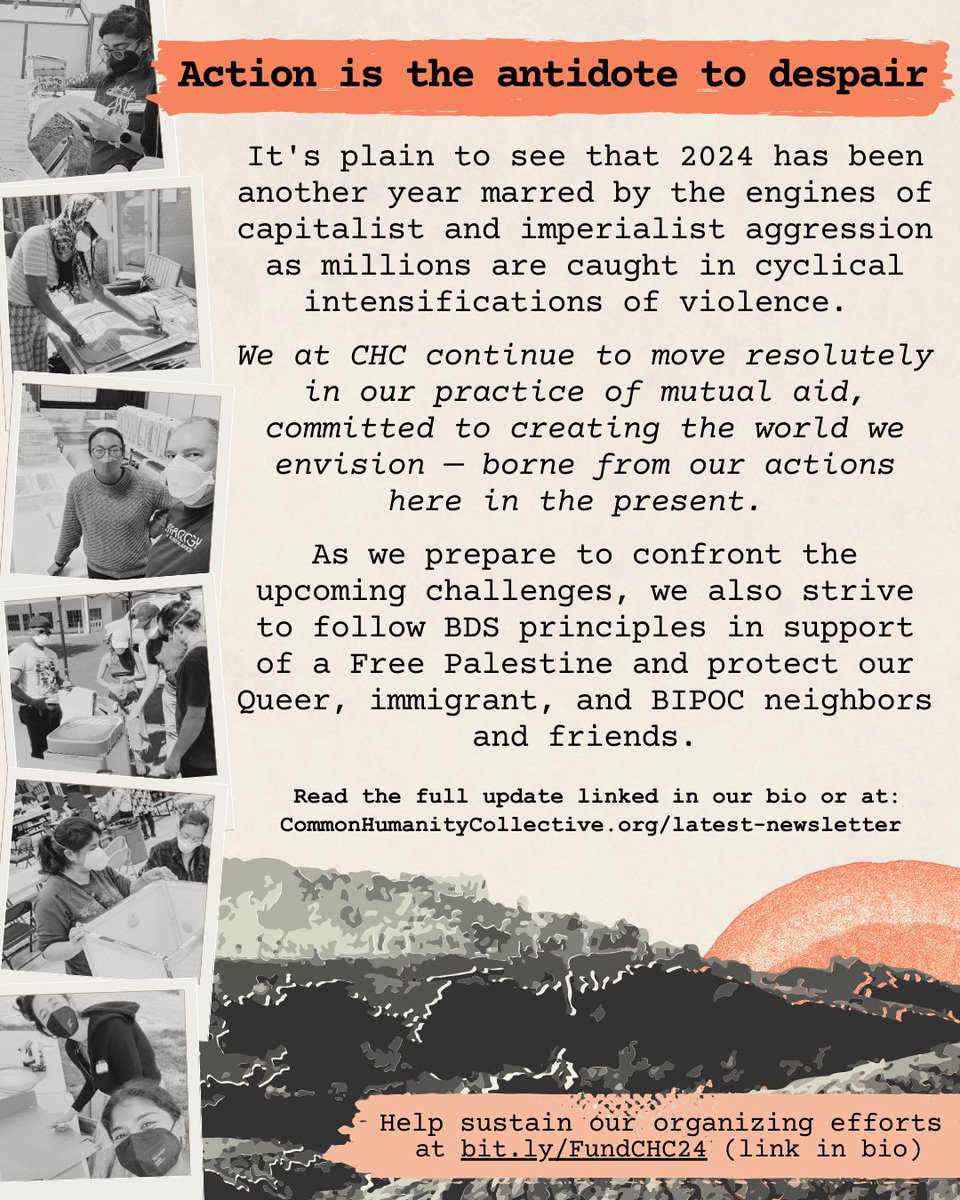 cHumanityc's tweet image. 𝐀𝐜𝐭𝐢𝐨𝐧 𝐢𝐬 𝐭𝐡𝐞 𝐚𝐧𝐭𝐢𝐝𝐨𝐭𝐞 𝐭𝐨 𝐝𝐞𝐬𝐩𝐚𝐢𝐫
We at CHC continue to move resolutely in our practice of mutual aid, committed to creating the world we envision — borne from our actions here in the present.... Read the full update: CommonHumanityCollective.org/latest-newslet…