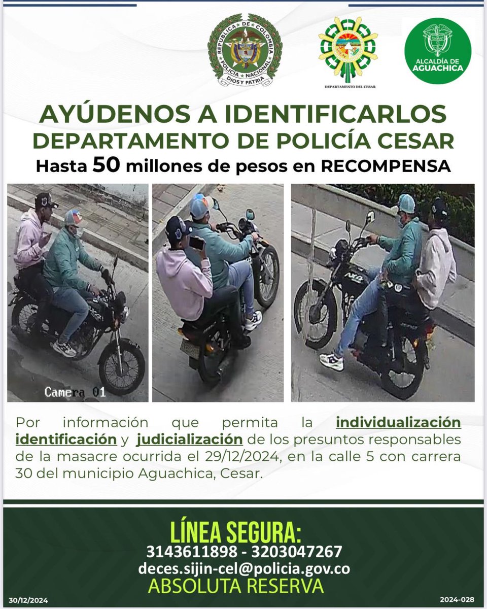 MonicaSaadeX's tweet image. 🚨ATENCIÓN

Estos son los presuntos miserables asesinos, de la familia Lora Rincón, masacrada en Aguachica, Cesar. 

La Policía ofrece hasta 50 millones por información que lleve a su captura. 

!Ayudemos a hacer justicia! Darle por favor RT 🔁