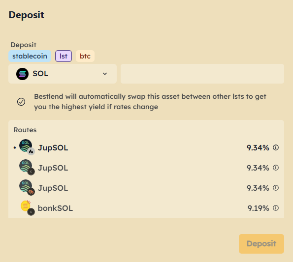 Stable income&amp;profit maximized SOLANA deposit serve.

Before deposit SOLANA, you need to know bestlend will automatically swap this asset between other lsts to get you the highest yield if rates change.