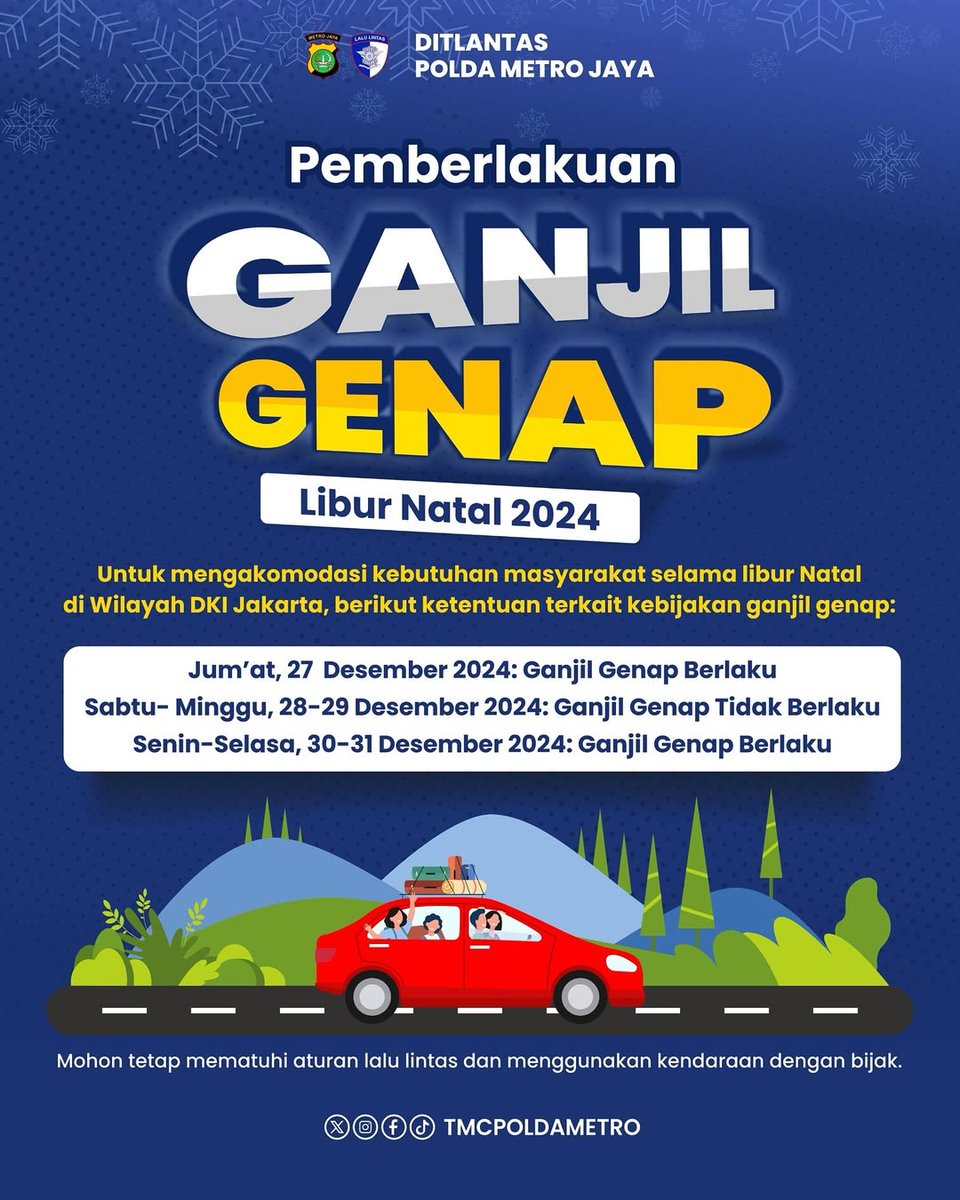 07.00 #InfoSonora

Berikut jadwal ganjil genap DKI JAKARTA selama libur Natal 2024:

🚗 27 Desember: Ganjil Genap Berlaku
🚗 28-29 Desember: Ganjil Genap Tidak Berlaku (weekend)
🚗 30-31 Desember: Ganjil Genap Berlaku

Via <a href="/TMCPoldaMetro/">TMC Polda Metro Jaya</a>