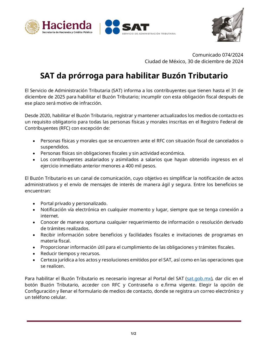 azucenau's tweet photo. El SAT da prórroga para habilitar Buzón Tributario. Informa a los contribuyentes que tienen hasta el 31 de diciembre de 2025 para habilitar el Buzón; incumplir con esta obligación fiscal después de ese plazo será motivo de infracción. https://t.co/EuWmbSwqpD