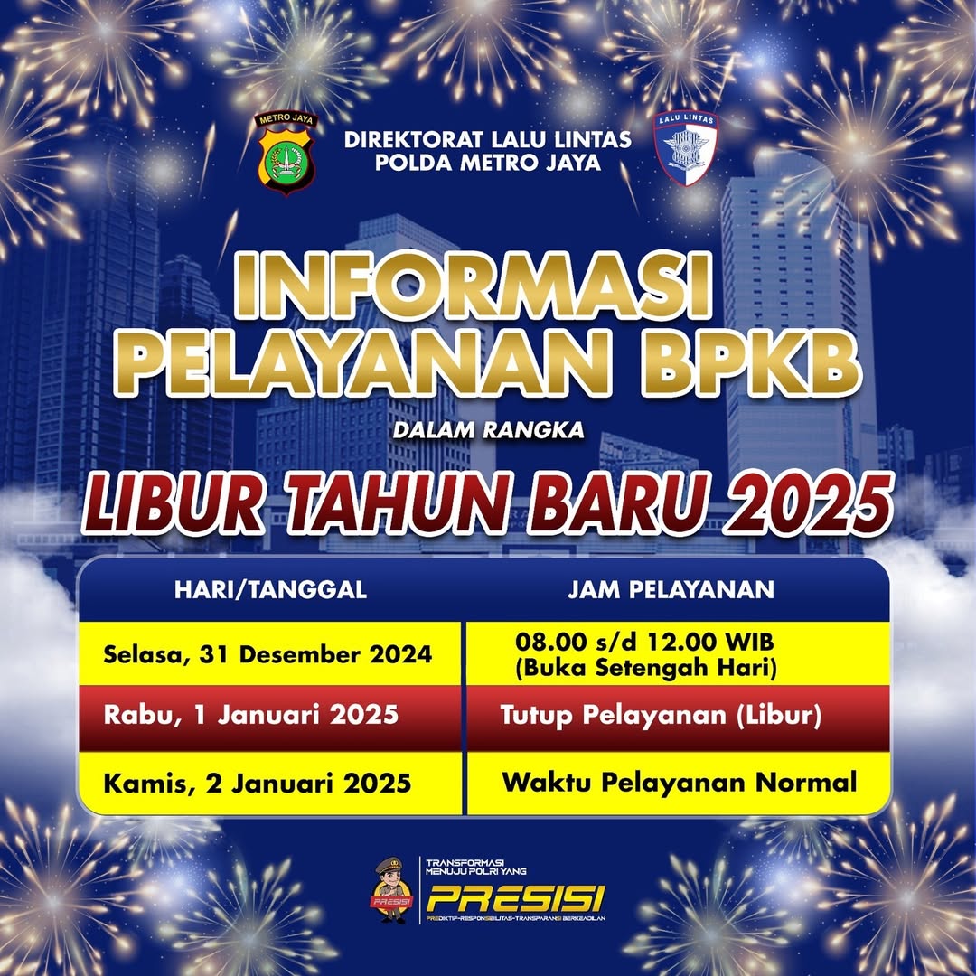 07.00 #InfoSonora

Informasi Pelayanan BPKB dalam rangka Libur Tahun Baru 2025.

Via <a href="/TMCPoldaMetro/">TMC Polda Metro Jaya</a>