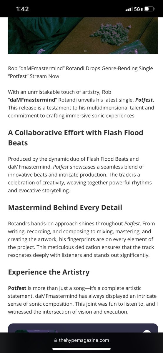 daMFmastermind's tweet image. Potfest (single) 💿
Via @TheHypeMagazine 
•
@jerrydoby_ I appreciate you 4L brother 
•
thehypemagazine.com/2024/12/damfma…
•
#daMFmastermind #RobRotandi 
#Potfest #TheHypeMagazine