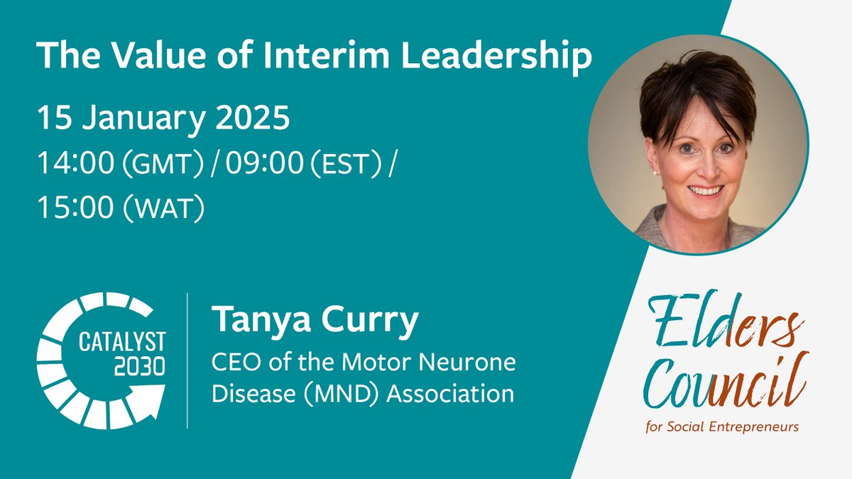 Making #Succession plans? Join us on 15 Jan as Tanya Curry (CEO, <a href="/mndassoc/">MND Association</a>) shares her insights about the value of interim leadership - what to look for, the challenges &amp; opportunities, 'the value add' &amp; more. #SocialEntrepreneurs <a href="/Catalyst_2030/">Catalyst 2030</a>

Register: us06web.zoom.us/meeting/regist…