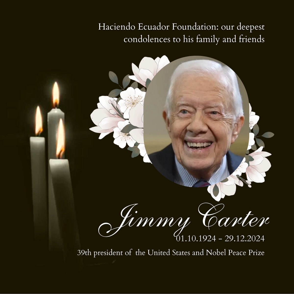 Haciendo Ecuador Foundation: our deepest condolences to his family and friends 
The Carter Center, founded by former President Jimmy Carter <a href="/CarterCenter/">The Carter Center</a> collaborated with our institution to strengthen democracy and human rights in Ecuador and around the world. #JimmyCarterRIP